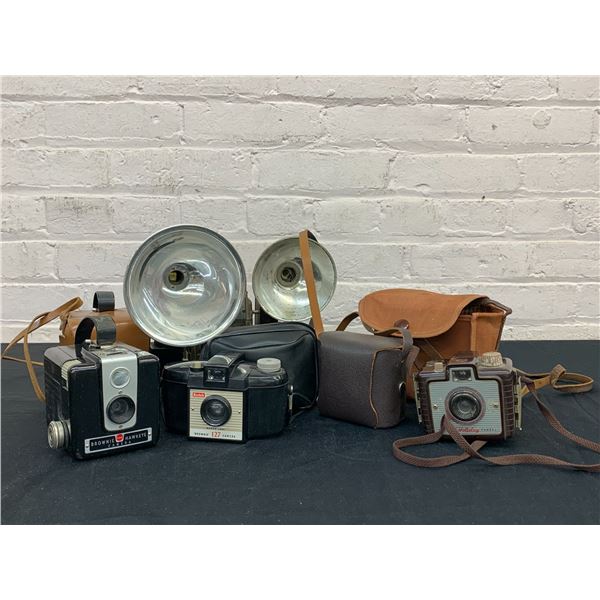 Lot of Assorted Vintage Film Cameras Kodak Brownie, 2 w Flash, Bags, etc