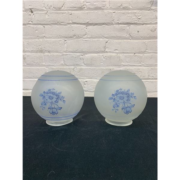 Pair of Frosted Vintage Globe Fixture Shades w Blue Floral Details