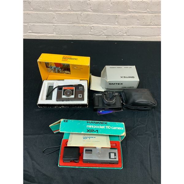 Lot of 3 Hanimex XP-1 Mini Pocket Camera, Kodak Istamatic X15F, GMTEX 35mm Camera