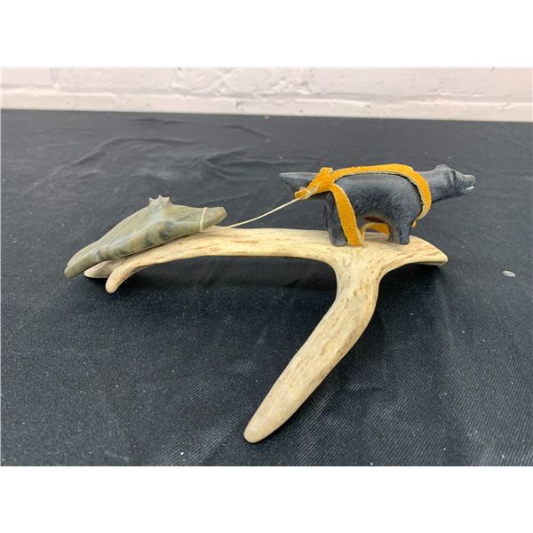 Artist Signed Mark Talitok Inuit Carved Antler Bone & Soapstone Dog Sled Pulling Seal 9" long
