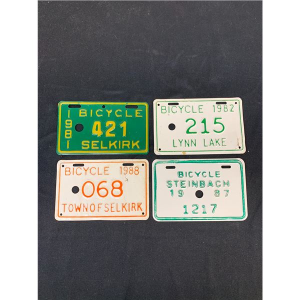 Lot of 4 Bicycle License Plates Small Towns Manitoba Selkirk, Steinbach, Lynn Lake 1980s