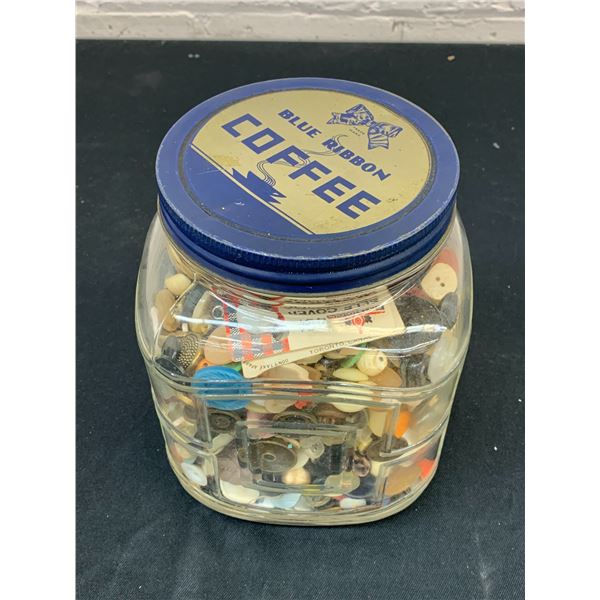 Vintage Blue Ribbon Glass Coffee Jar FULL of Buttons