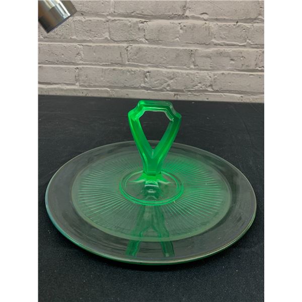 Uranium Glass Serving Tray w Handle 10"
