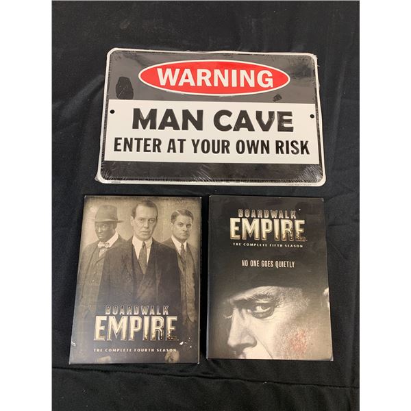 Warning Man Cave Sign and Boardwalk Empire DVD Box Sets 4th and 5th Season