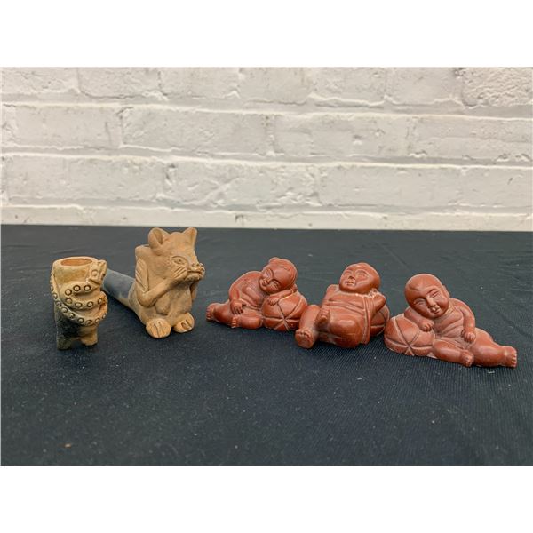 Lot of 5pcs 2 Clay Pipes (rat 5.5" and snake 4.25") and 3 Sleeping Asian Children Figures