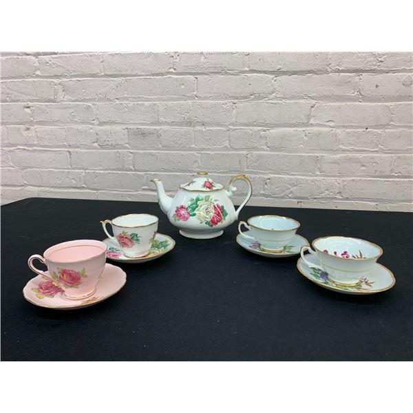 Lot of Tea Pot, 4 Cups and Saucers Colclough, Roslyn Melody Rose, Royal Grafton Fine Bone China