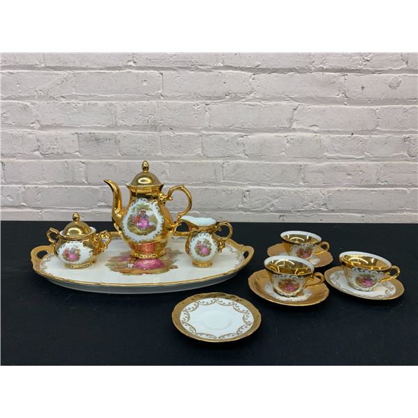 12pc Tea Set Gold Tone w Small Tea Cups / Demitasse w Saucers Gloria Porcelain Fine Bone China