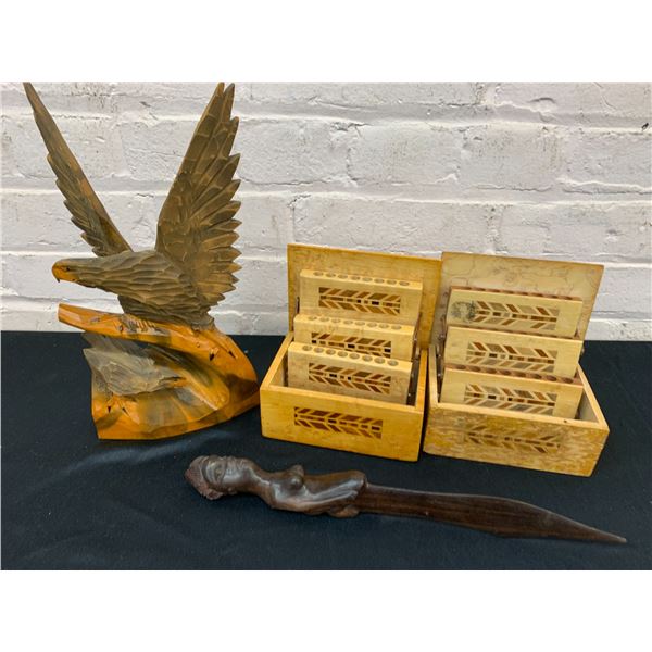 Wood Carved Pencil Holders? Carved Eagle Statue and African Woman Knife / Letter Opener?