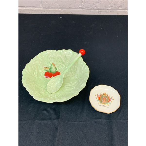 Carltonware Lettuce Salad Bowl Ceramic w Spoon and Elizabeth II 1953 Crowned Royal Winton Dish