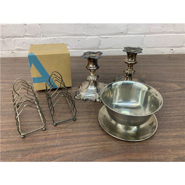 Lot of Serving Items Weighted Candlesticks, Toast Stands, Bowl, Avon