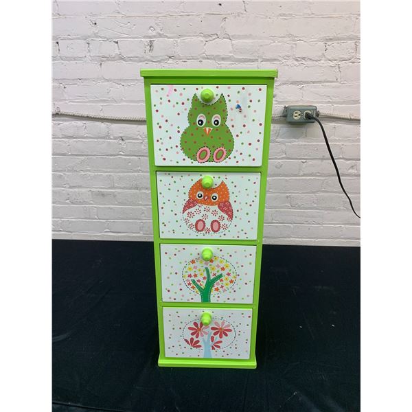 Solid Wooden Children's Room Standing Drawers 4 Drawers 27" x 10" x 10" Green w Owls
