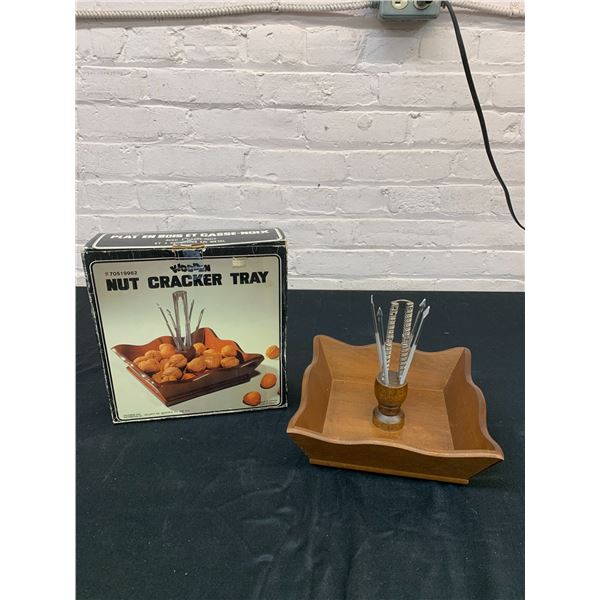 Vintage Wooden Nut Cracker Tray w Tools Set w Box