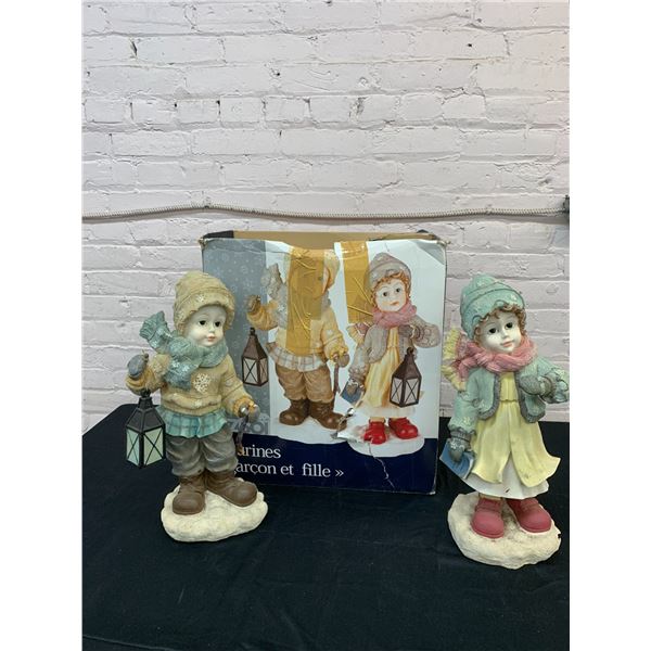 Lot of 2 Polystone Winter Statues Boy and Girl 19"