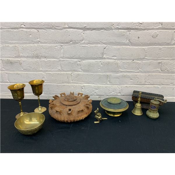 9pcs Brass Decor Bells, Kangaroo, Dishes, Goblets and Wooden Stand, Incense Bowl
