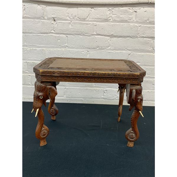 Wooden Ornately Carved Elephant Footstool with Tusks
