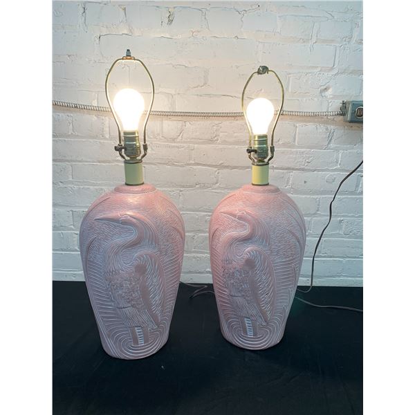 Lot of 2 Pink Ceramic 3D Crane Base Table Lamps *working* 27"