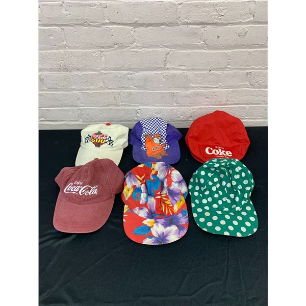 Lot of 6 Vintage Thin Fabric Baseball Caps / Advertising Promo Hats Coca Cola, A&W, Patterns
