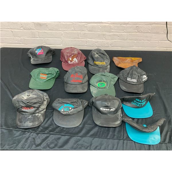 Lot of 13 Vintage Leather Baseball Caps Hats Advertising