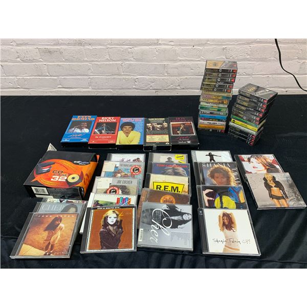 Box of CDs, Cassette Tapes and VHS Movies Music Related