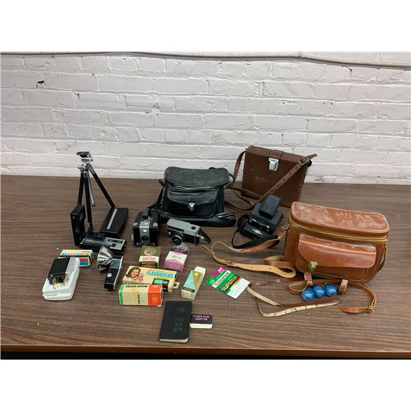 Assortment of Vintage Camera Equipment Polaroid Land Camera w Bag, Brownie, gaf ANSCOMATIC, etc