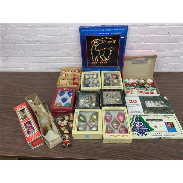 Large Lot of Assorted Vintage Christmas Ornaments, Tree Toppers, Lights / String Decor