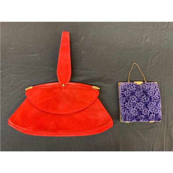 Pierre Levinson's Vintage Designer Bag / Red Clutch and Vintage Velvet Purple Clasp Coin Bag