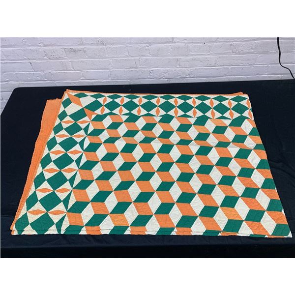 Vintage Antique Orange and Green Patterned Handmade Quilt