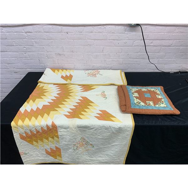 Handmade Star Quilt Yellows and Browns / Oranges and Pillow with Pocket