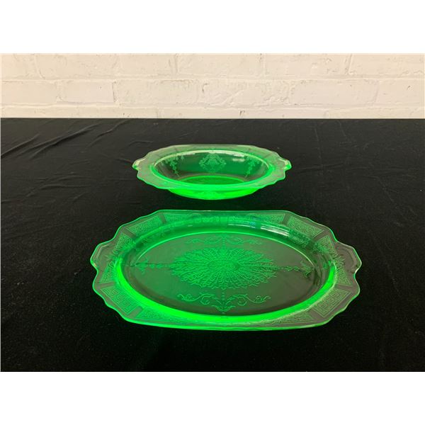 Lot of 2 Uranium Glass Serving Trays