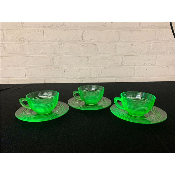 Lot of 3 Vintage Uranium Glass Tea Cups and Saucers