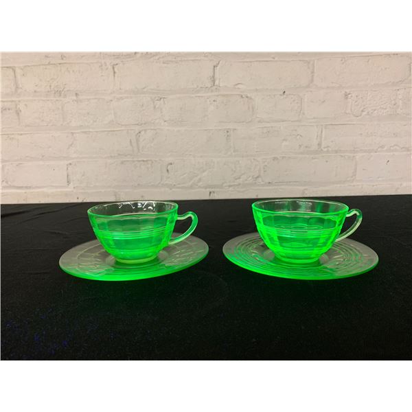 Lot of 2 Vintage Uranium Glass Tea Cups and Saucers
