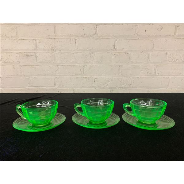 Lot of 3 Vintage Uranium Glass Tea Cups and Saucers