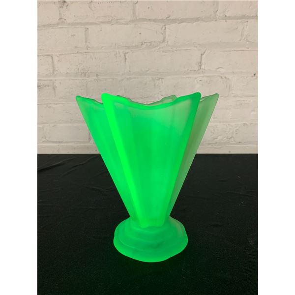 Vintage Uranium Glass 7" Vase with Flower Frog *chipped*