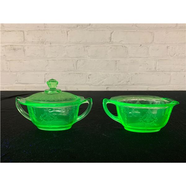 Lot of 2 Vintage Uranium Glass Cream and Sugar Bowls
