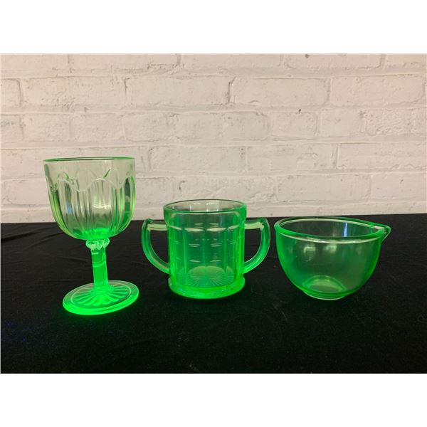 Lot of 3 Vintage Uranium Glass Wine Glass, Two-Handed Cup, Small Bowl with Spout