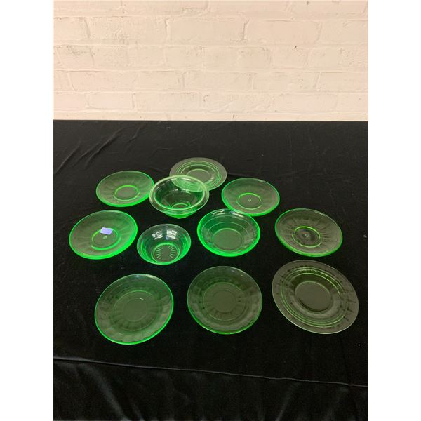 Lot of 11 Vintage Uranium Glass Saucers, Bowl