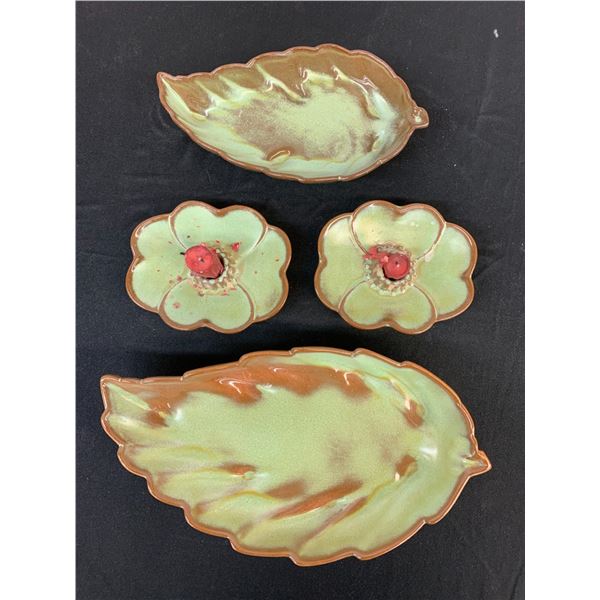 Lot of 4 Frankoma Leaf Serving Trays and Candle Holders