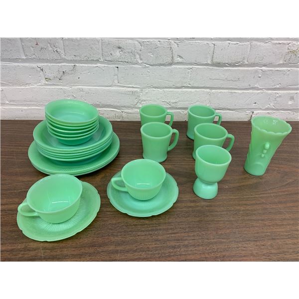 Lot of 24pcs of Jadeite Dinnerware Plates, Cups and Saucers, Vase, Tea & Coffee