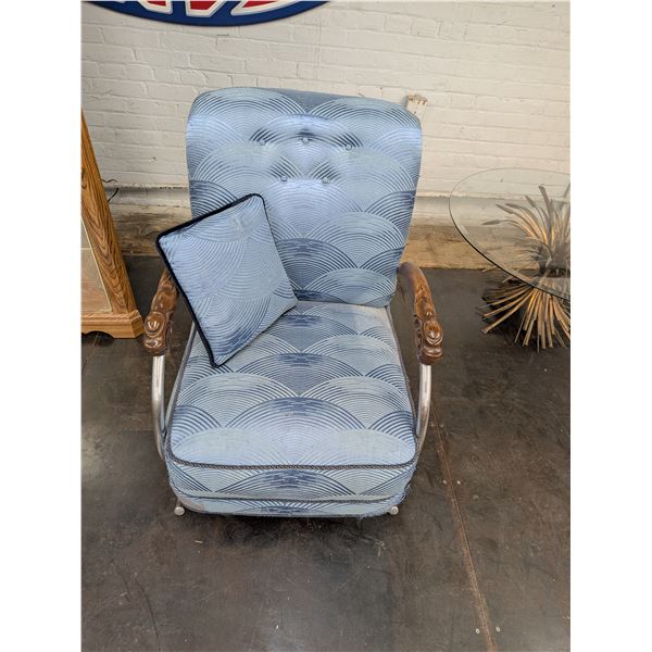 Vintage Lounge Chair Blue Fabric Chrome Sides Carved Wooden Arms