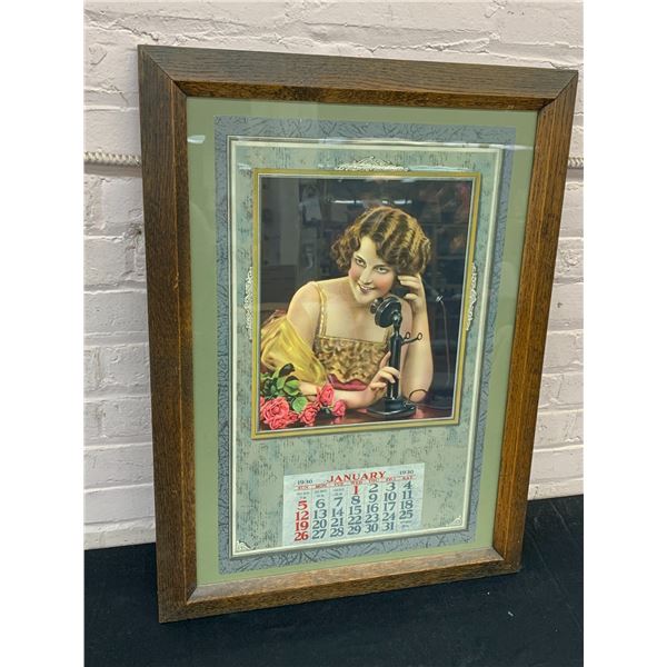 Framed 1930 January Calendar Month Sheet, 20" x 27"