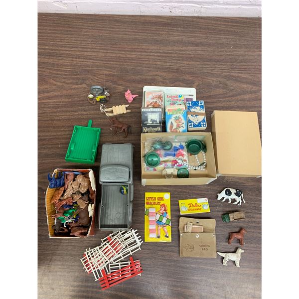 Lot of Assorted Vintage Kids Toys Plastic Farm Animals, Doll Accessories, Cards, etc