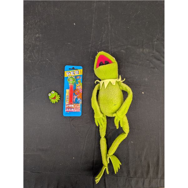 Lot of 3 Vintage Fisher Price Kermit The Frog Plush, Pez Dispenser, Pinback