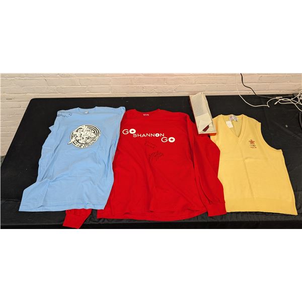 Lot of 4 Clothing Items Olympic Signed Shirts, Music Signed Shirt Tie & Pocket Square Set