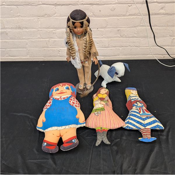Lot of 5 Vintage Plush Dolls & Dog, Rag Doll, Indigenous Doll with Bow