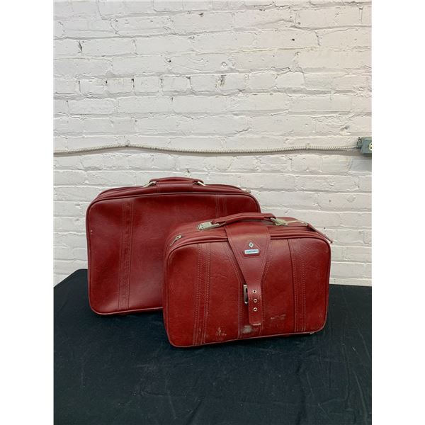 Pair of Red Leather Samsonite Suitcases Medium and Small