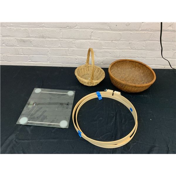 Weight Scale, Embroidery Hoops and Wicker Backets