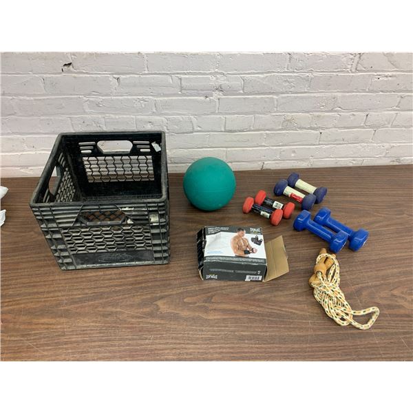 Lot of Misc Exercise Equipment Plastic Crate, Weights, Ball and Skip Rope, Ankle Wrist Weights