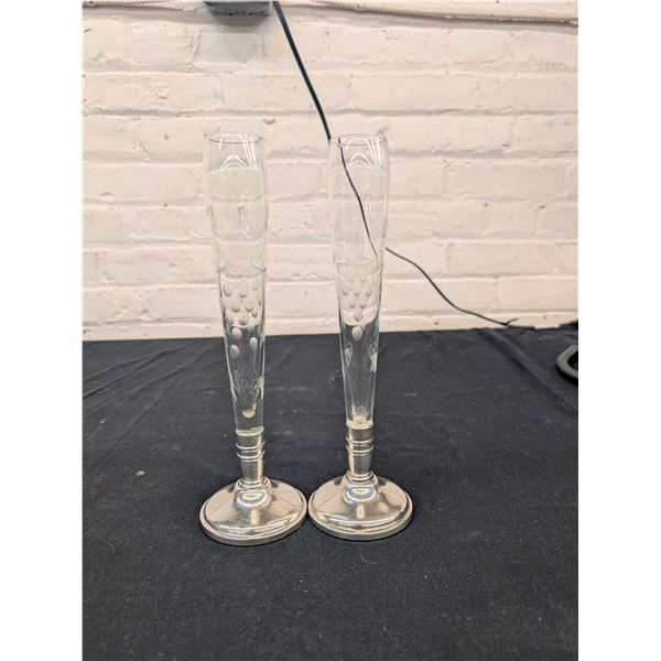 PAIR Birks Sterling Silver Weighted Base Bud Etched Glass Vases 9 3/4"H
