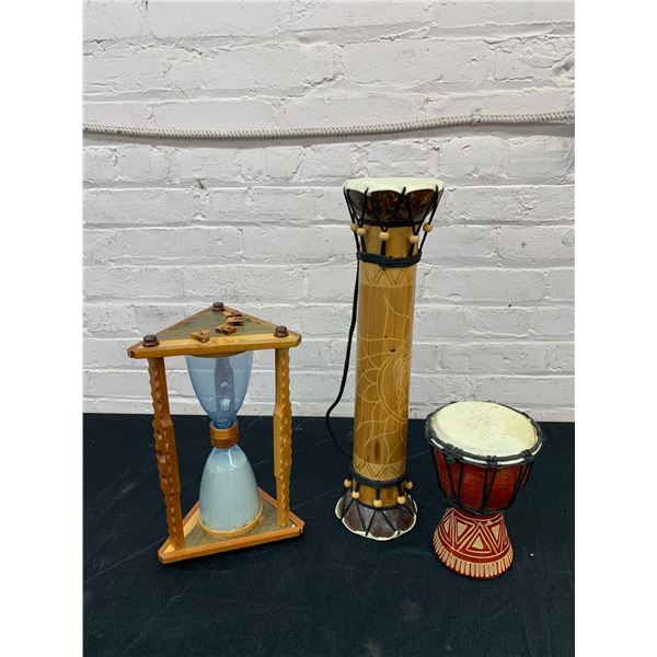 Lot of 2 Small Hand Drums and Cuba Marked Hourglass