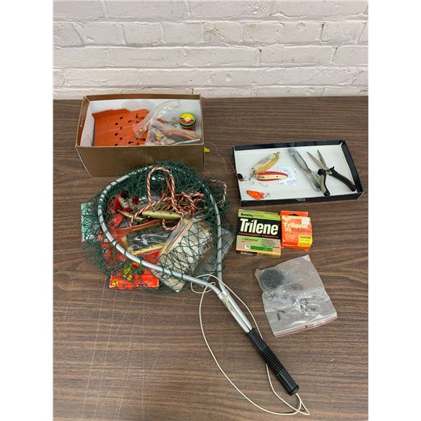 Lot of Assorted Fishing Tackle, Lures, Supplies, Net, etc
